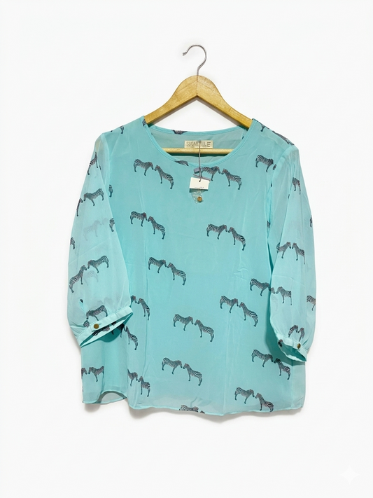 SUGARHILL |L| BUST 21| B8| BRIGHT AQUA ZEBRA PRINT SHEER BLOUSE