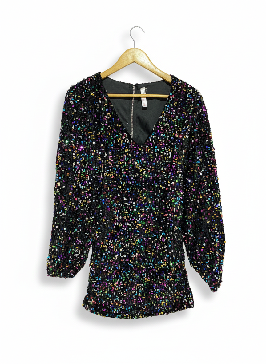 MULTICOLOR SEQUIN BALLOON SLEEVE PLUNGE MINI DRESS| S |BUST  15