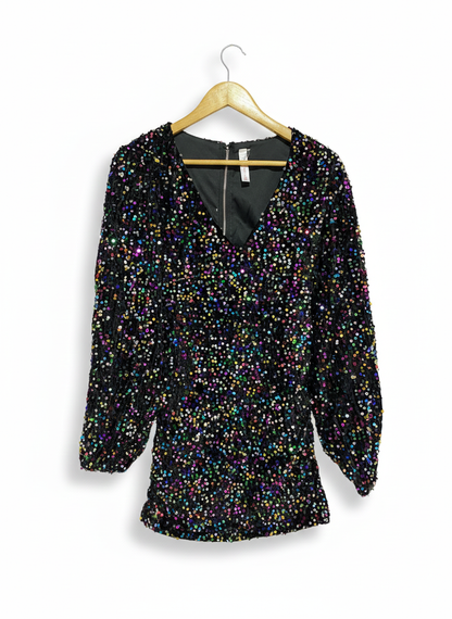 MULTICOLOR SEQUIN BALLOON SLEEVE PLUNGE MINI DRESS| S |BUST  15