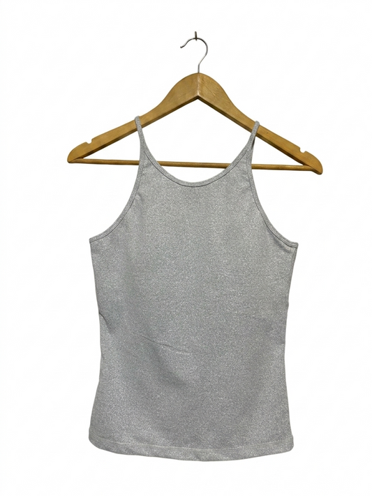 |M| BUST 15| B10| WOMEN'S SHIMMER METALLIC SILVER HALTER NECK CAMISOLE TOP