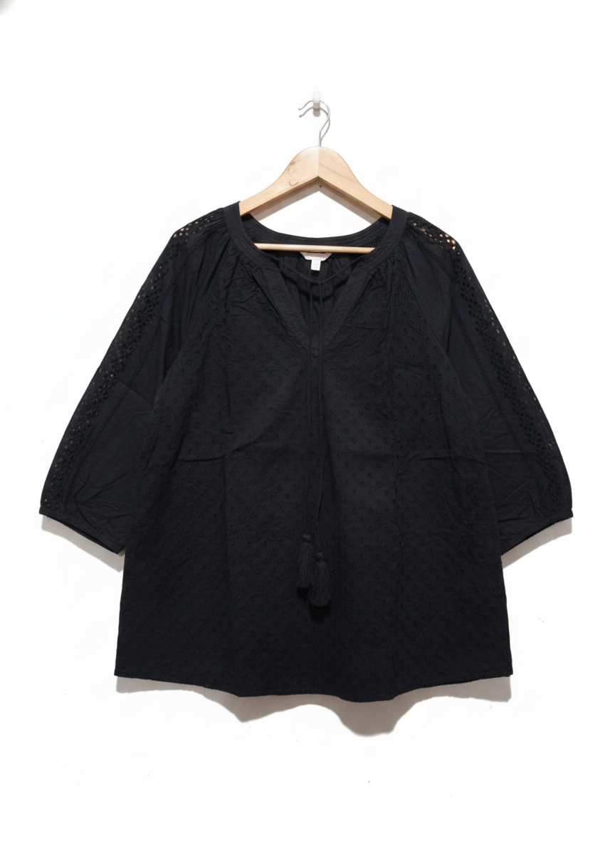 MONSOON Black Broderie Top With Three-Quarter Sleeves.