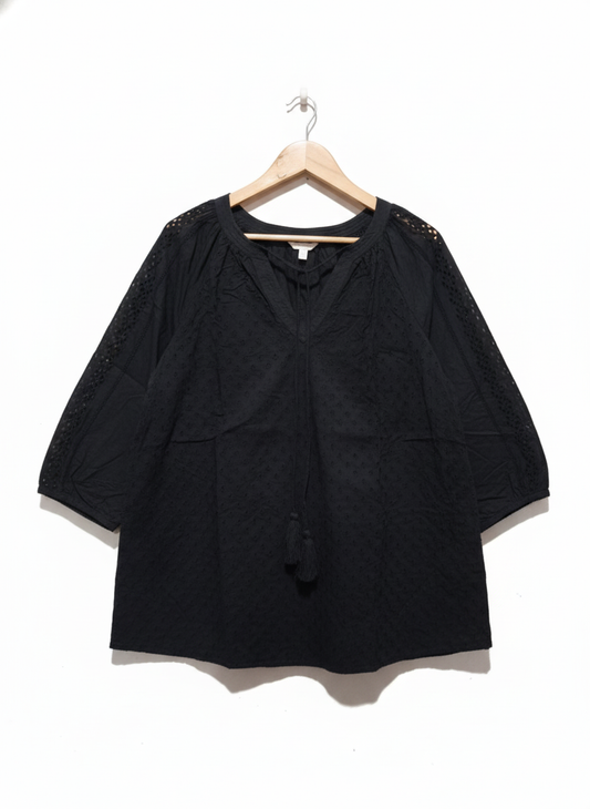 MONSOON Black Broderie Top With Three-Quarter Sleeves.