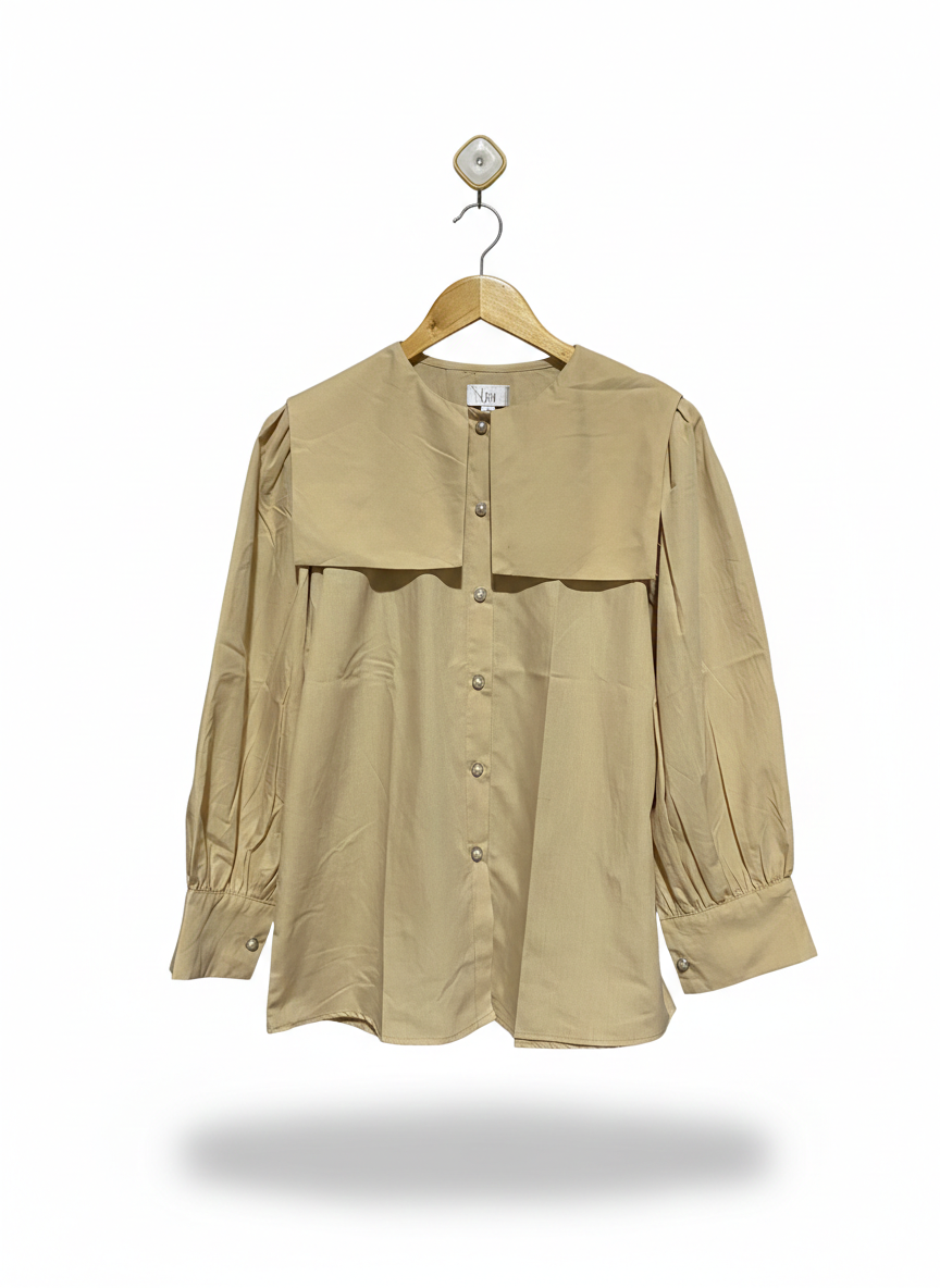 LIIN |L| BUST 19| VINTAGE-INSPIRED BEIGE BUTTON-UP BLOUSE WITH DRAMATIC OVERSIZED COLLAR