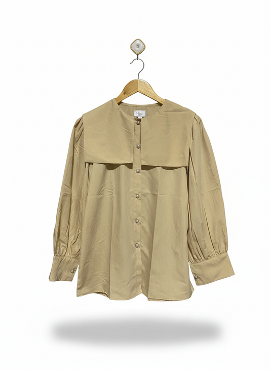 LIIN |L| BUST 19| VINTAGE-INSPIRED BEIGE BUTTON-UP BLOUSE WITH DRAMATIC OVERSIZED COLLAR