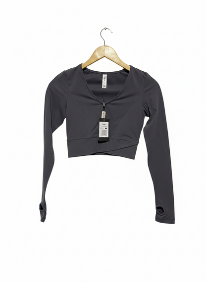 STAX |S| BUST 14| SLEEK CHARCOAL V-NECK LONG SLEEVE ACTIVE CROP TOP