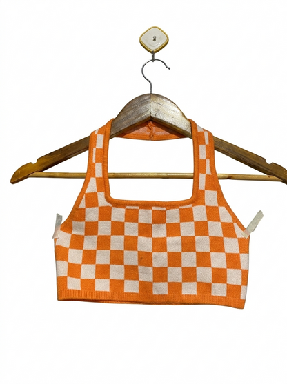 PRINCESS POLLY |XS| BUST 12| RETRO ORANGE & WHITE CHECKERED KNIT HALTER CROP TOP