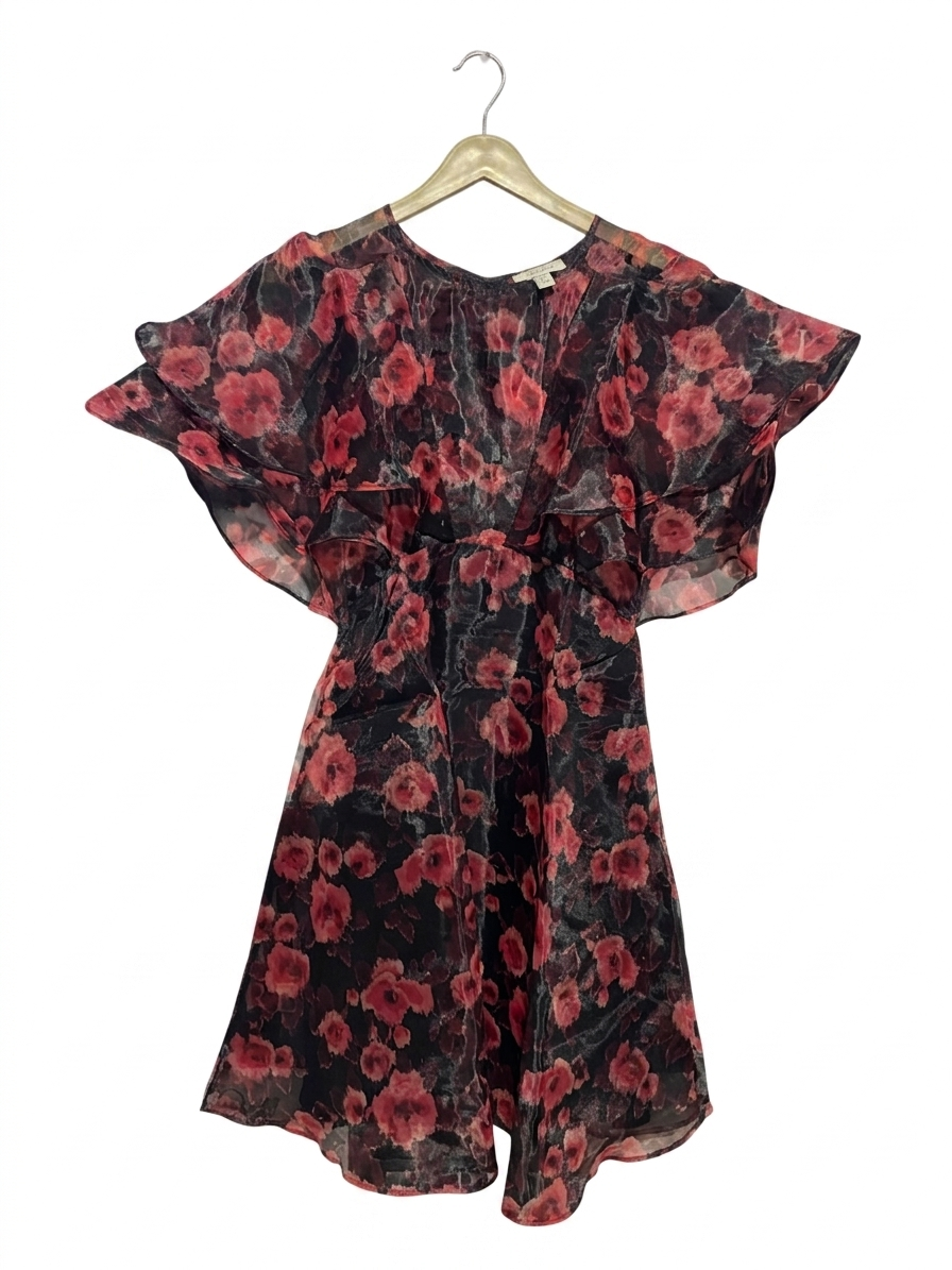TOPSHOP |M| BUST 17| B13| MONSOON SHEER RED FLORAL RUFFLE MINI DRESS