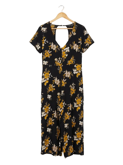 CAMEO ROSE |M| BUST 17| B22| BLACK FLORAL PRINT WIDE-LEG JUMPSUIT WITH CUT-OUT BACK DETAIL