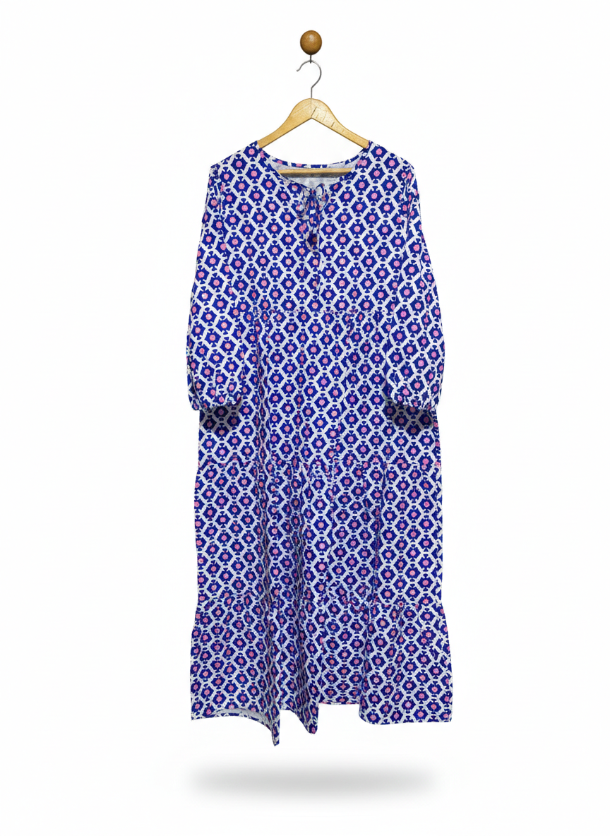 MODERN BLUE GEOMETRIC TIERED MAXI DRESS |XL| BUST 22|