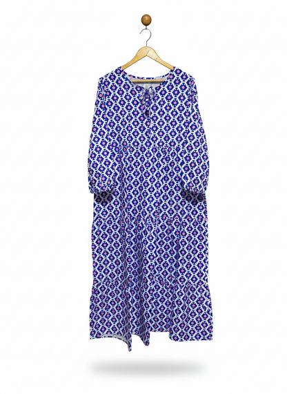 MODERN BLUE GEOMETRIC TIERED MAXI DRESS |XL| BUST 22|