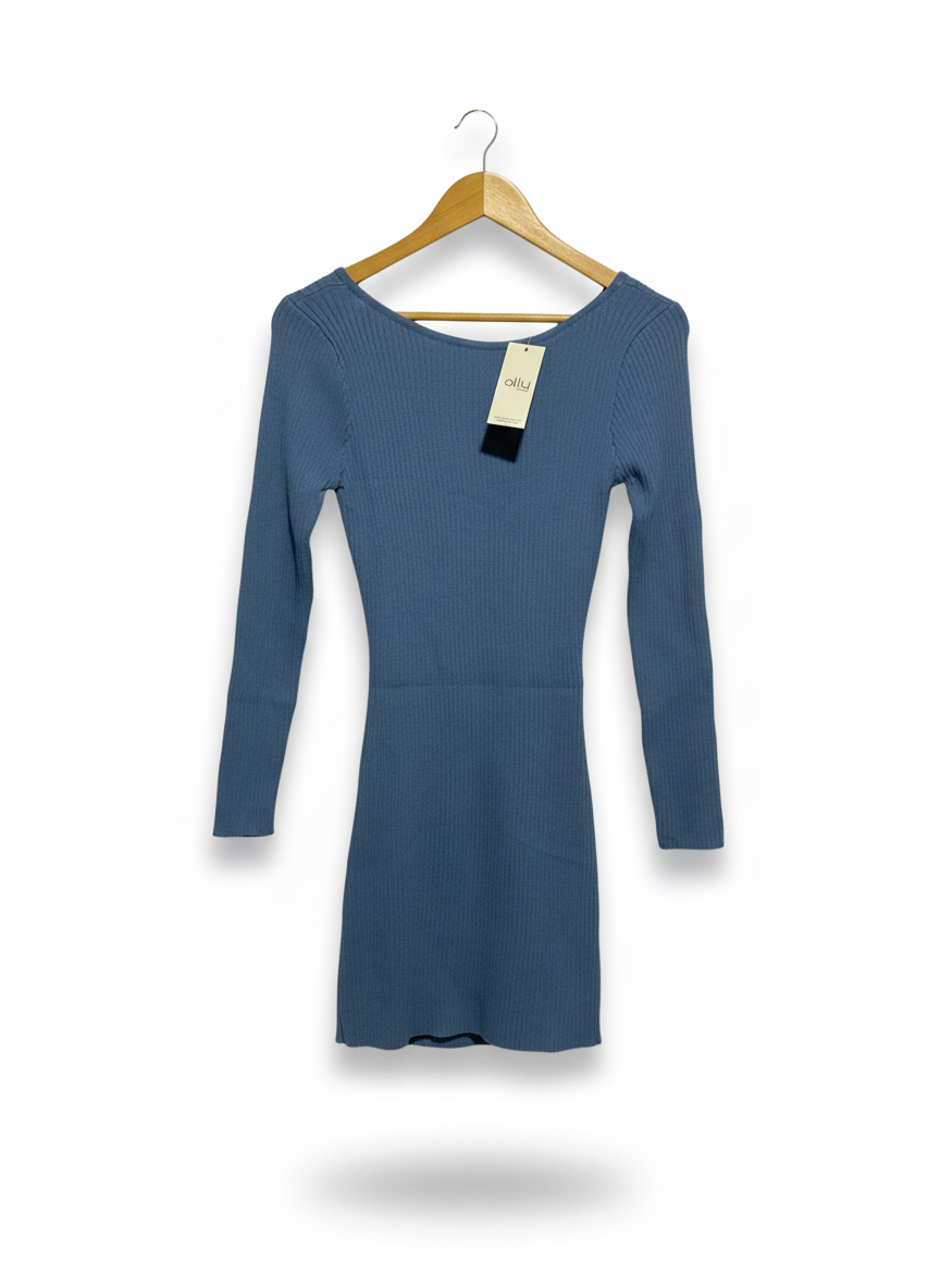 ALLY FASHION|M|BUST 15|BLUE RIBBED LONG SLEEVE MINI DRESS