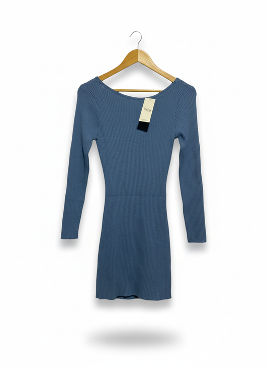 ALLY FASHION|M|BUST 15|BLUE RIBBED LONG SLEEVE MINI DRESS