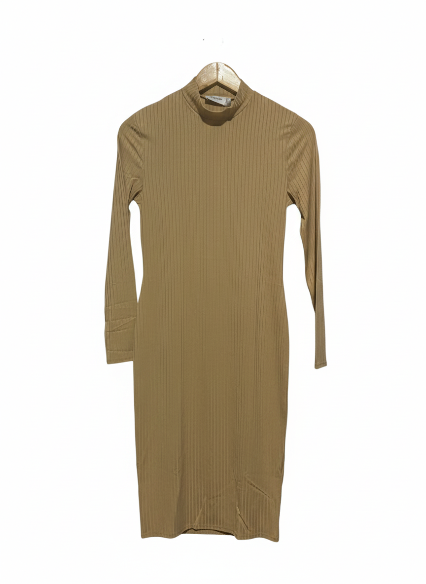 FLOUNCE |M| BUST 16| Beige or Tan Long Sleeve Ribbed Mock Neck Dress