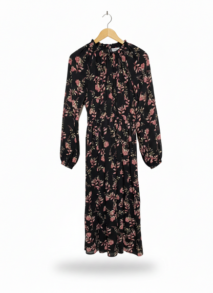 DREAM HOUSE |L|  BUST 18| C3| BLACK HIGH-NECK FLORAL MAXI DRESS WITH WAIST DEFINITION