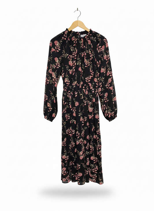 DREAM HOUSE |L|  BUST 18| C3| BLACK HIGH-NECK FLORAL MAXI DRESS WITH WAIST DEFINITION
