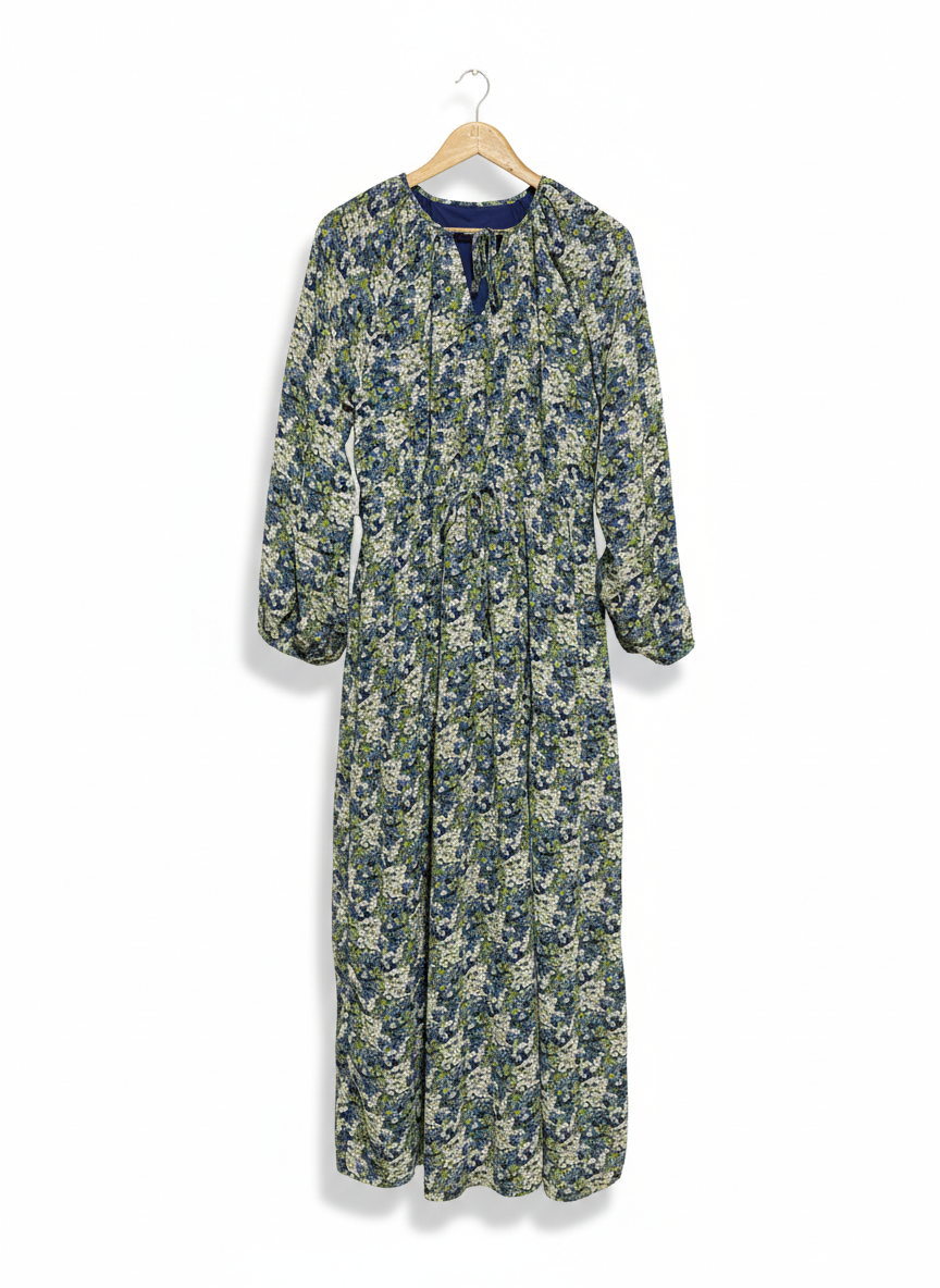 VIBRANT TEAL BOTANICAL PRINT MIDI DRESS - V-NECK WITH TIE WAIST |L| BUST 18|