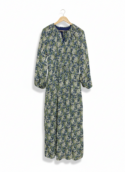 VIBRANT TEAL BOTANICAL PRINT MIDI DRESS - V-NECK WITH TIE WAIST |L| BUST 18|