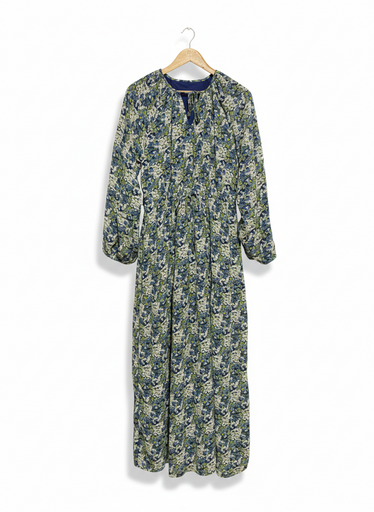 VIBRANT TEAL BOTANICAL PRINT MIDI DRESS - V-NECK WITH TIE WAIST |L| BUST 18|
