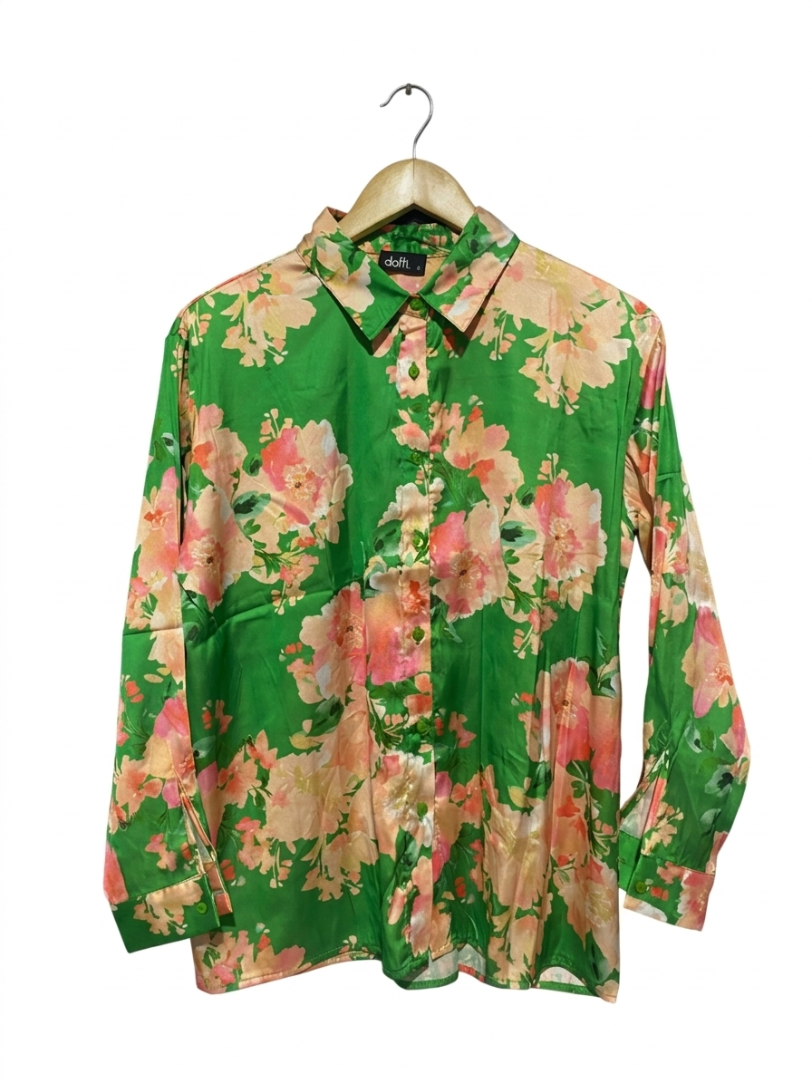 DOTTI |L| BUST 21| B7| VIBRANT GREEN FLORAL SATIN BUTTON-DOWN
