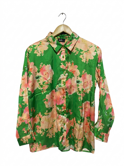 DOTTI |L| BUST 21| B7| VIBRANT GREEN FLORAL SATIN BUTTON-DOWN