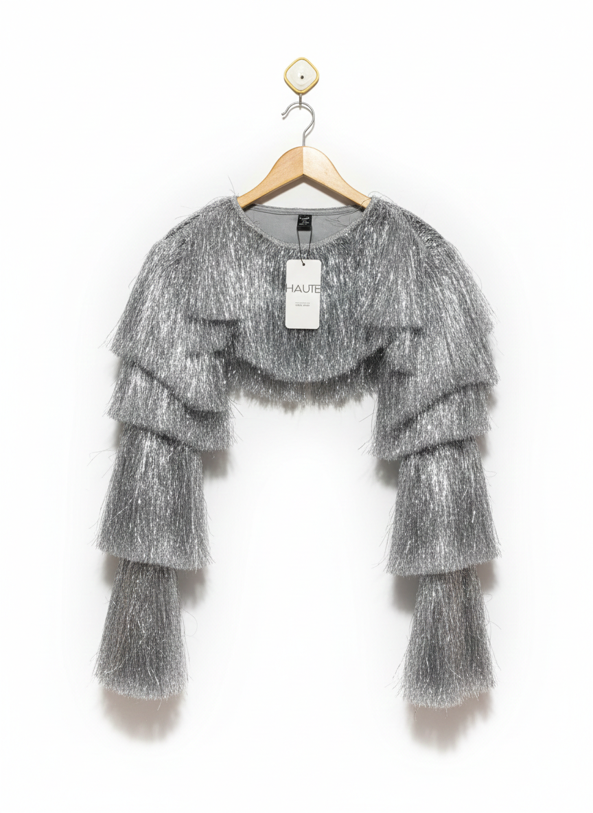 SHEIN HAUTE |L| BUST 13| SILVER FRINGE TIERED SHRUG