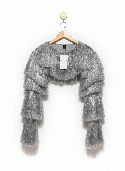 SHEIN HAUTE |L| BUST 13| SILVER FRINGE TIERED SHRUG