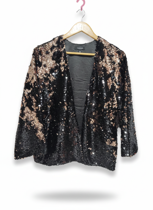 TORRID|FREE SIZE| BLACK AND GOLD TWO-TONE SEQUIN DRAPE OPEN-FRONT JACKET
