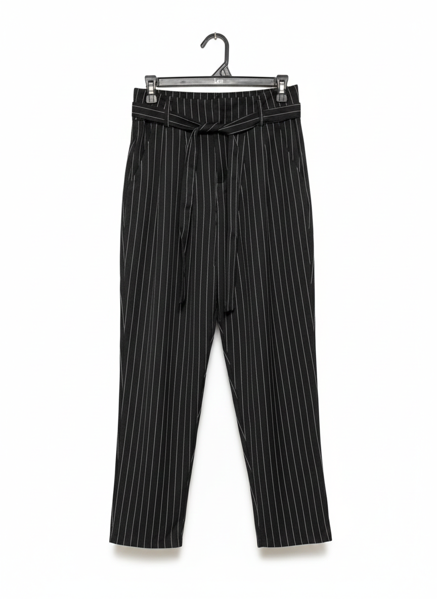 MISS VALLEY |M| WAIST 28| ELEGANT BLACK PINSTRIPE TAPERED TROUSERS WITH SELF-TIE BELT