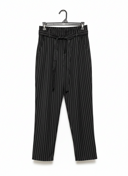 MISS VALLEY |M| WAIST 28| ELEGANT BLACK PINSTRIPE TAPERED TROUSERS WITH SELF-TIE BELT