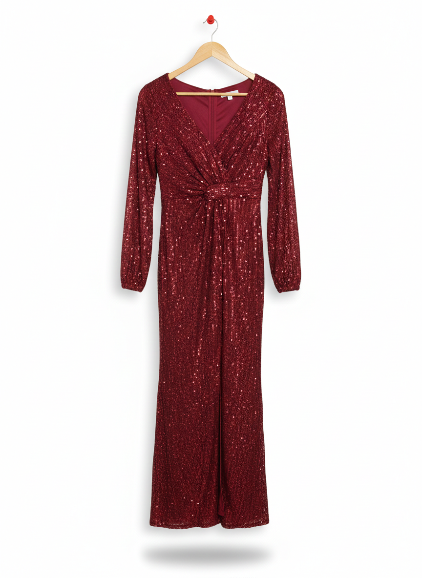NISSA SEQUINNED GOWN - RED BORDEAUX MAXI DERSS  |M| BUST 16|