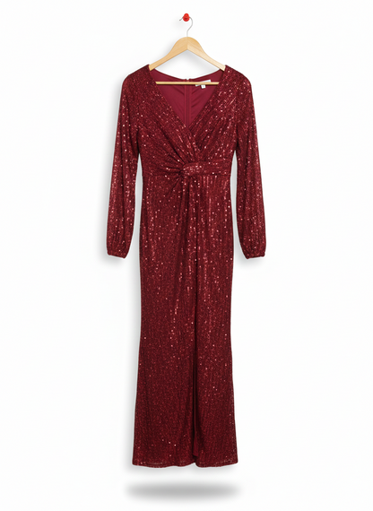 NISSA SEQUINNED GOWN - RED BORDEAUX MAXI DERSS  |M| BUST 16|