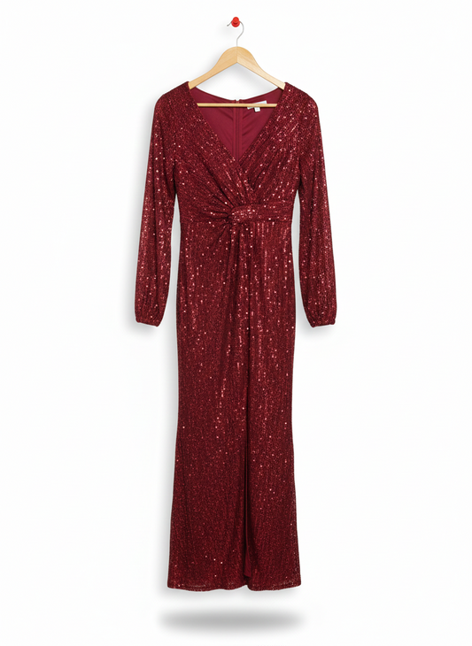 NISSA SEQUINNED GOWN - RED BORDEAUX MAXI DERSS  |M| BUST 16|