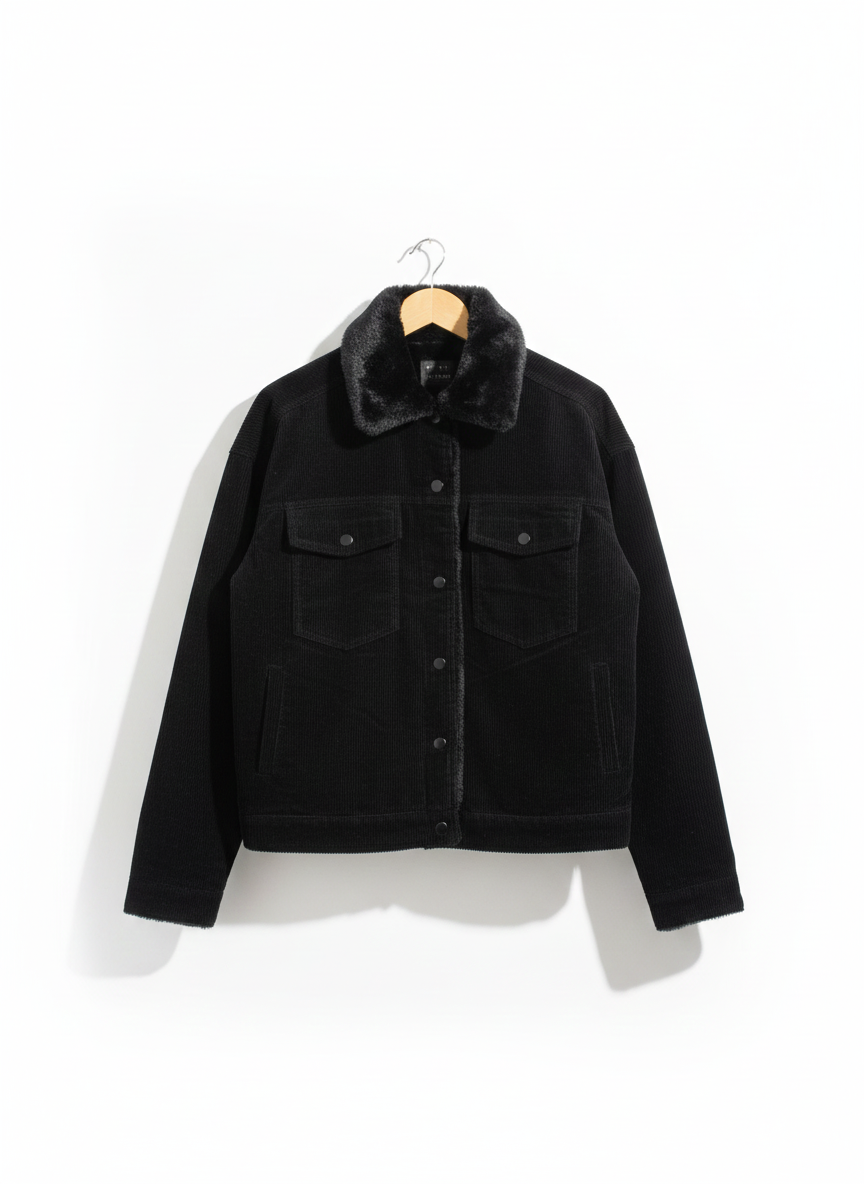 DENIM CO |M|BUST 21|BLACK CORDUROY TRUCKER JACKET WITH FAUX SHEARLING LINING