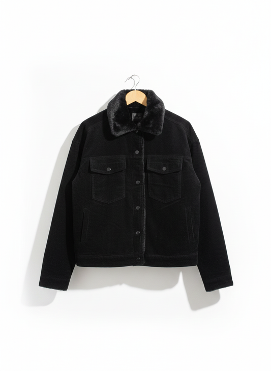 DENIM CO |M|BUST 21|BLACK CORDUROY TRUCKER JACKET WITH FAUX SHEARLING LINING