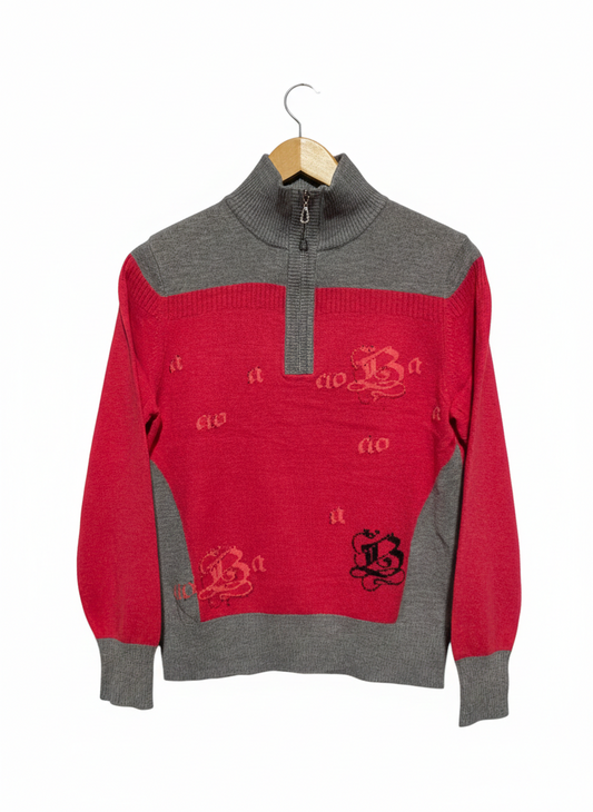 DONG FONGLIQUE |M| BUST 17| Red and Grey Quarter-Zip Knit Sweater