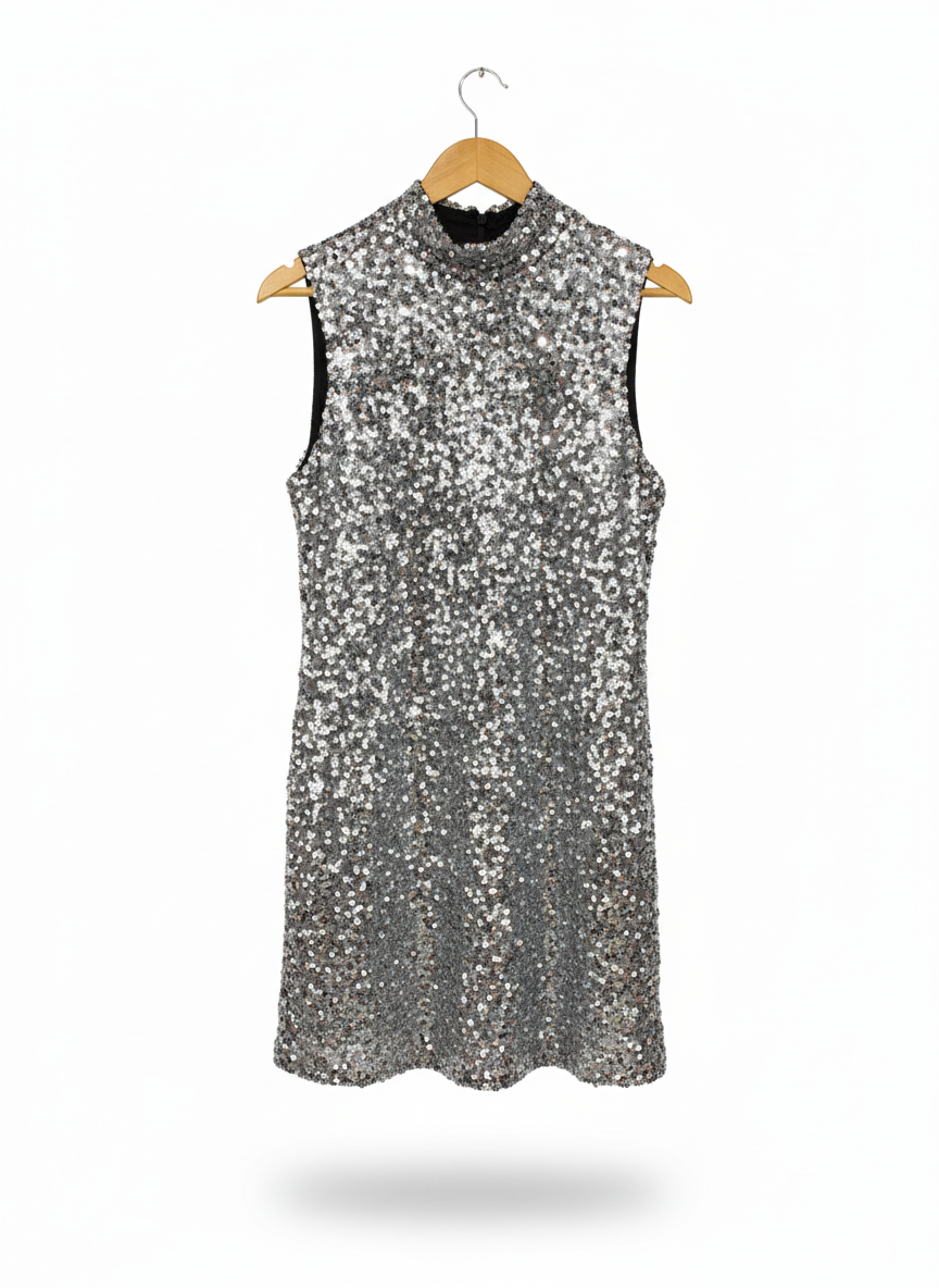 NASTY GAL|XS|BUST 16|Silver Sequin Mock Neck Mini Dress