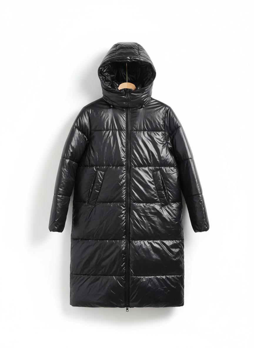 H&M DIVIDED|XS|BUST 22|BLACK SHINY LONGLINE PUFFER COAT