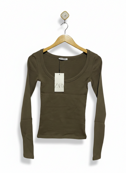 ZARA |S| BUST 12| Olive Green Long-Sleeve T-Shirt