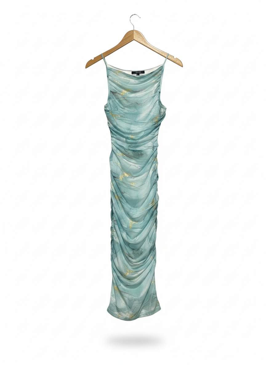 WINNIE & CO |S| BUST 13| ETHEREAL SEA-FOAM RUCHED MESH MAXI DRESS