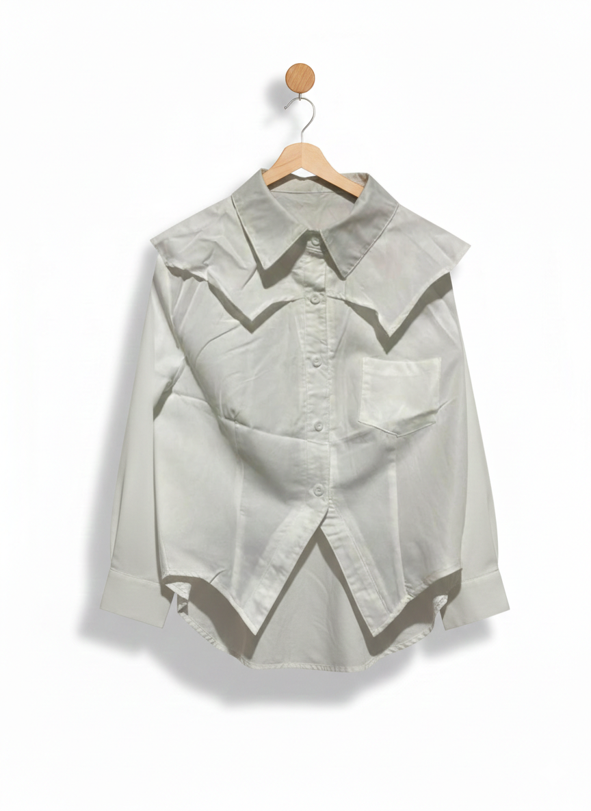 WHITE OVERSIZED COLLAR LAYERED COTTON SHIRT |S| BUST 18|