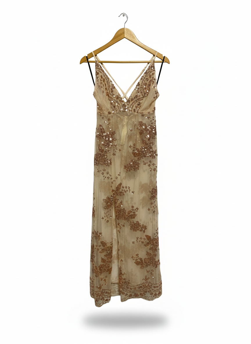 BEIGE OR CHAMPAGNE SEQUIN MAXI DRESS|S|BUST 14