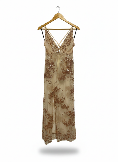 BEIGE OR CHAMPAGNE SEQUIN MAXI DRESS|S|BUST 14