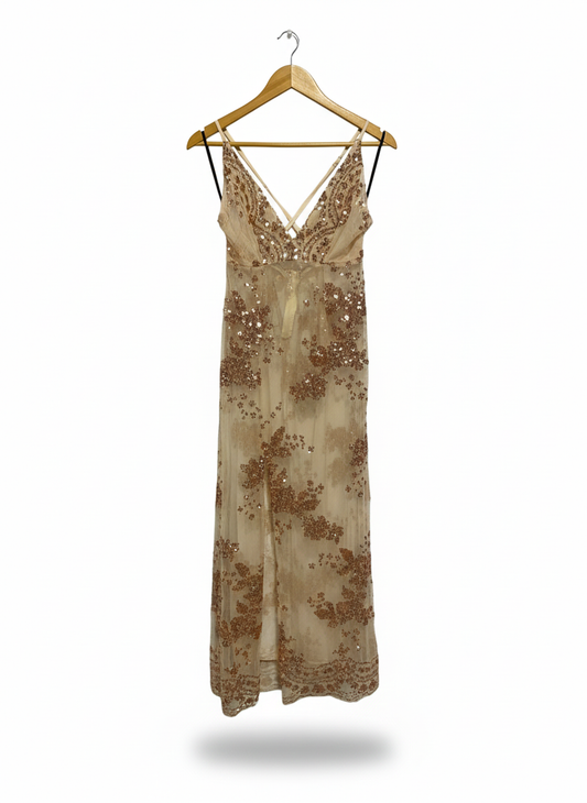 BEIGE OR CHAMPAGNE SEQUIN MAXI DRESS|S|BUST 14