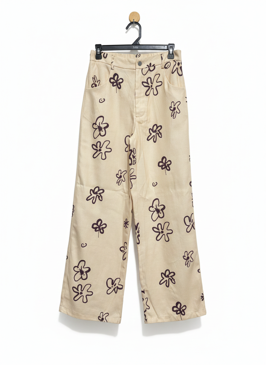 SHEIN |M| WAIST 28| WOMEN’S CREAM WIDE-LEG TROUSERS - BOHO-CHIC FLORAL PRINT PANTS