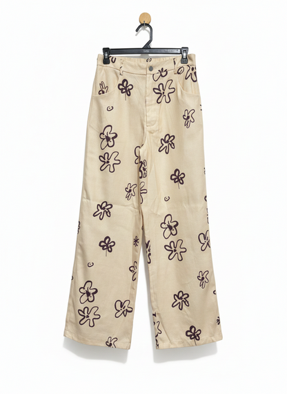 SHEIN |M| WAIST 28| WOMEN’S CREAM WIDE-LEG TROUSERS - BOHO-CHIC FLORAL PRINT PANTS
