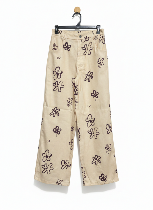 SHEIN |M| WAIST 28|  C8| WOMEN’S CREAM WIDE-LEG TROUSERS - BOHO-CHIC FLORAL PRINT PANTS