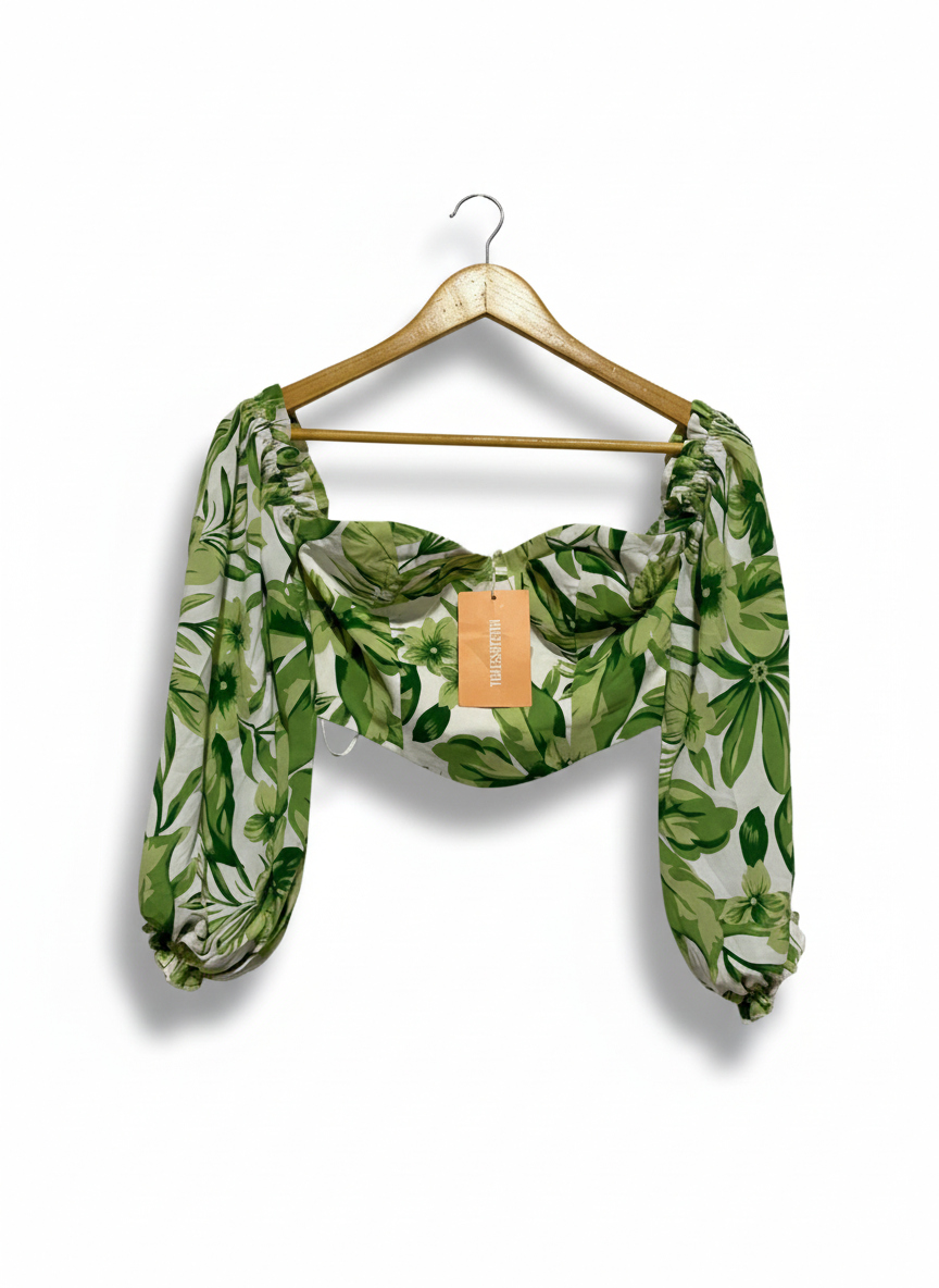 THATS SOFETECH|S |BUST 13| GREEN FLORAL PUFF SLEEVE CROP TOP