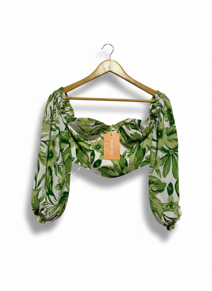 THATS SOFETECH|S |BUST 13| GREEN FLORAL PUFF SLEEVE CROP TOP