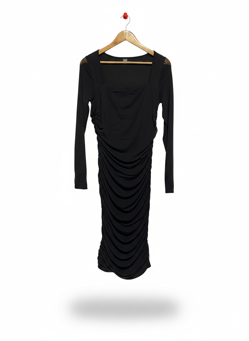 SHEIN |L| BUST 15| ELEGANT BLACK LONG-SLEEVE RUCHED BODYCON DRESS