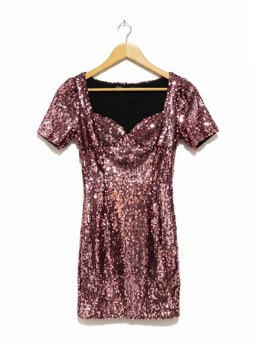 ZARA|S|BUST 15|PINK SEQUIN SWEETHEART NECKLINE MINI DRESS